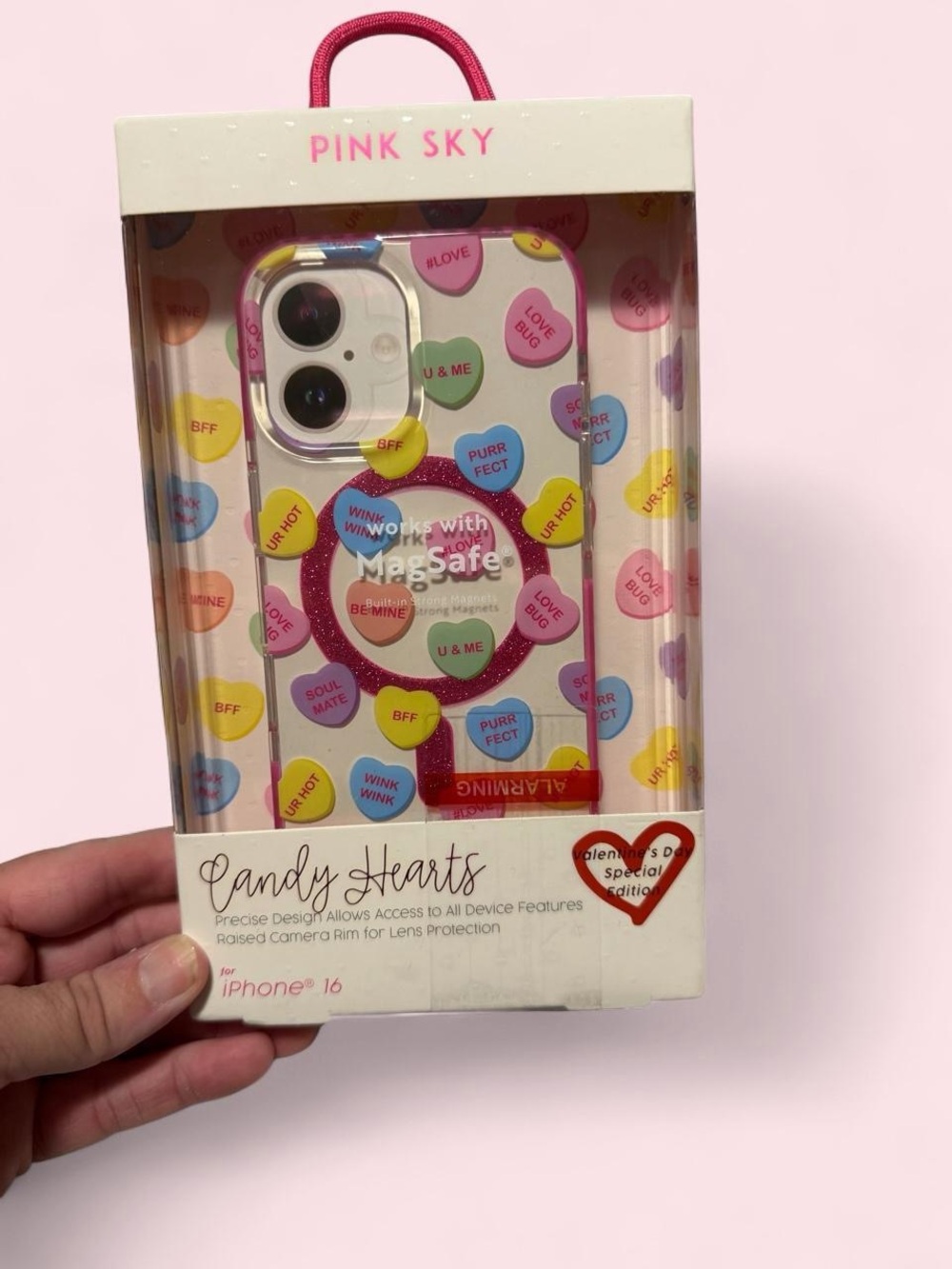 Pink Sky Candy Hearts MagSafe-Compatible iPhone Case – Pink